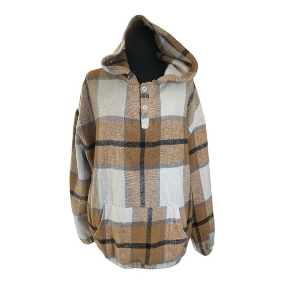 BEAUTS AND BEAUS Women’s L Pullover Hoodie Thick Flannel Tan Plaid - Picture 2 of 8